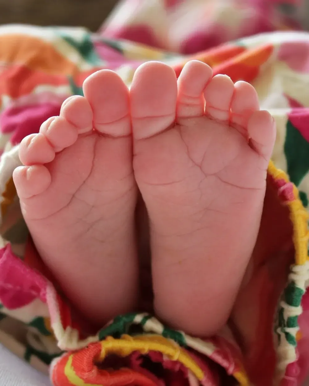 Close-up of a newborn baby's feet wrapped in a colorful blanket